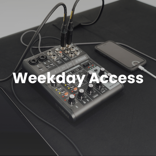 Audio mixer with smartphone on a dark surface, labeled 'Weekday Access'.